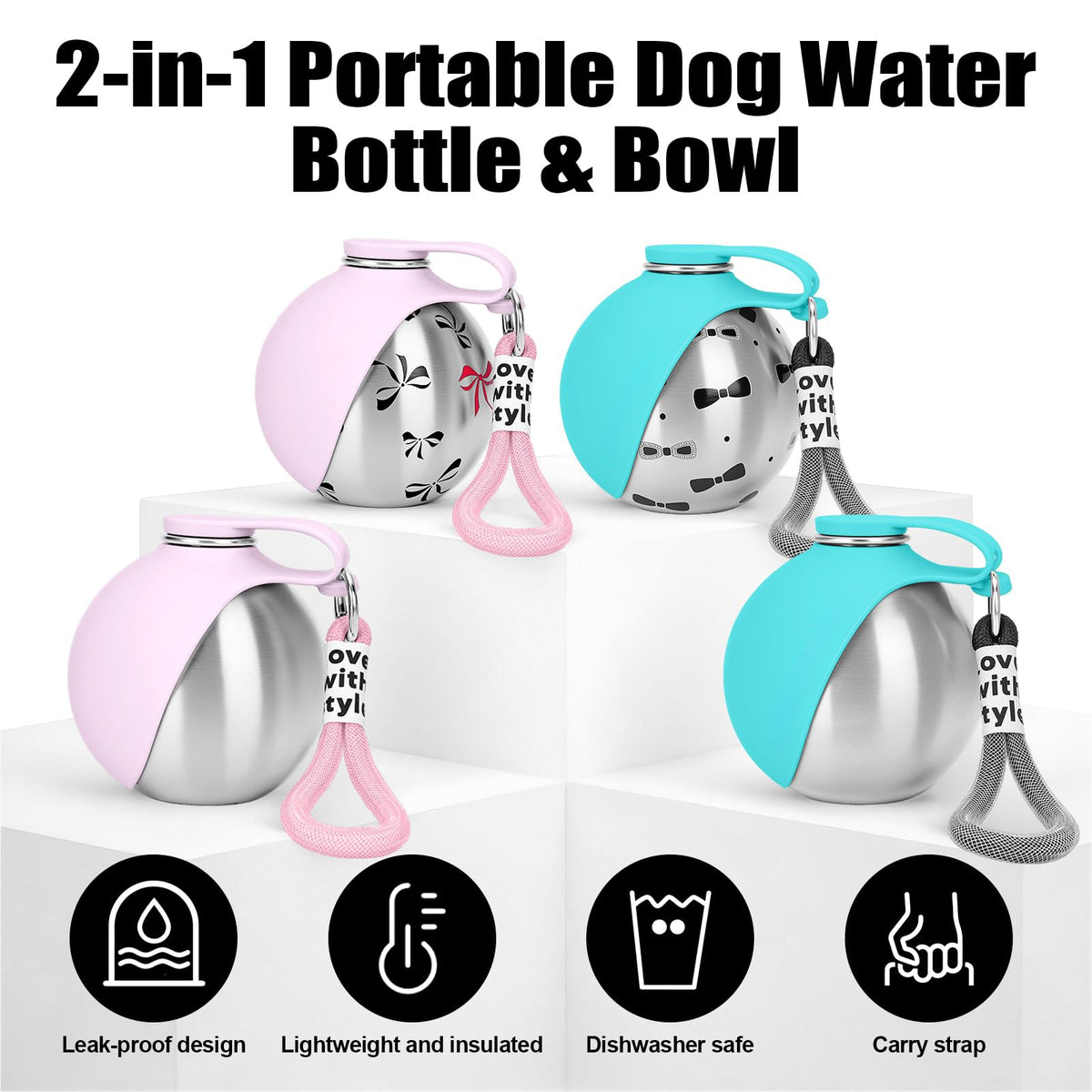 Portable stainless steel dog water bottle with silicone bowl - photo 4