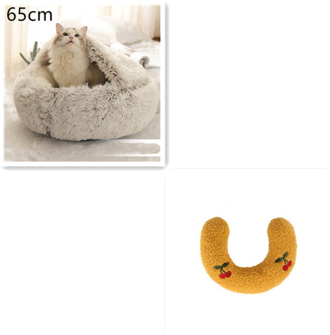 2 In 1 Dog And Cat  Round Plush Warm Bed House Soft Long Plush Pets Bed Pet Products
