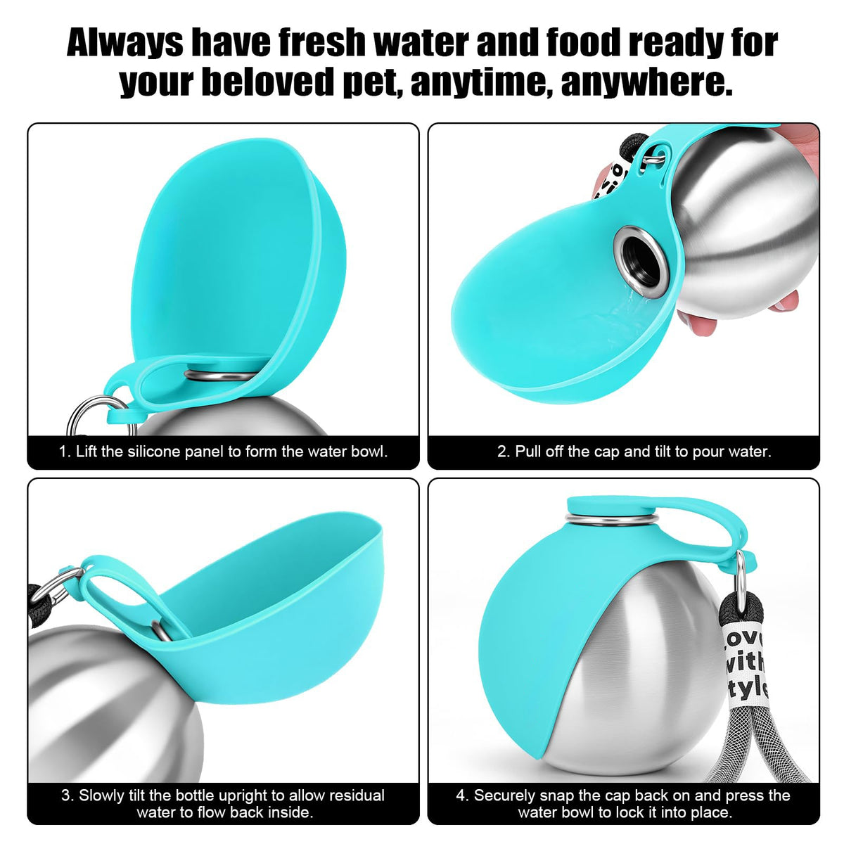 Portable stainless steel dog water bottle with silicone bowl - photo 3