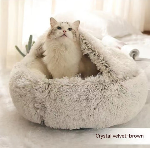2 In 1 Dog And Cat  Round Plush Warm Bed House Soft Long Plush Pets Bed Pet Products