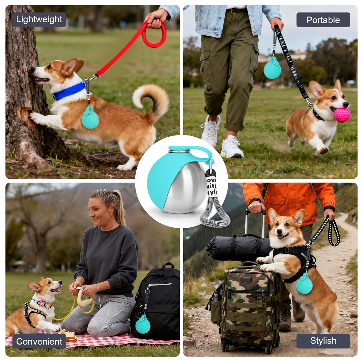 Portable stainless steel dog water bottle with silicone bowl - photo 5