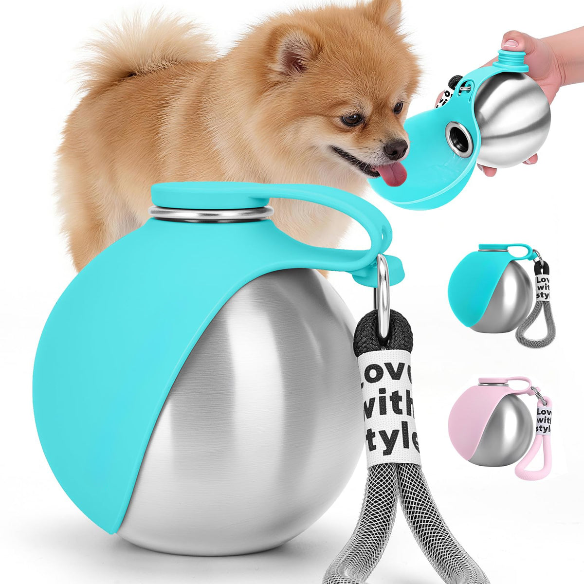 Portable stainless steel dog water bottle with silicone bowl - photo 1