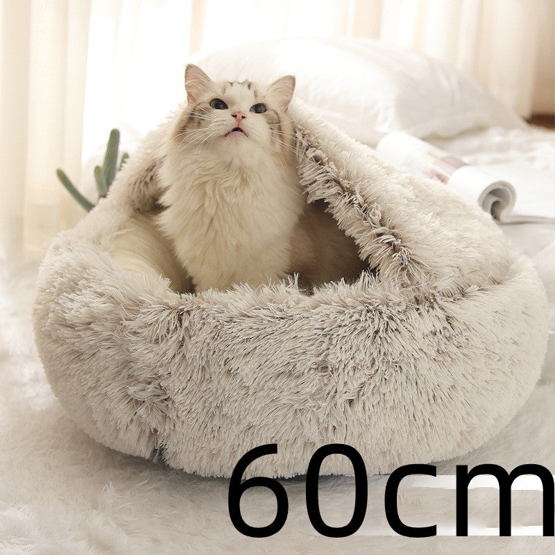 2 In 1 Dog And Cat  Round Plush Warm Bed House Soft Long Plush Pets Bed Pet Products