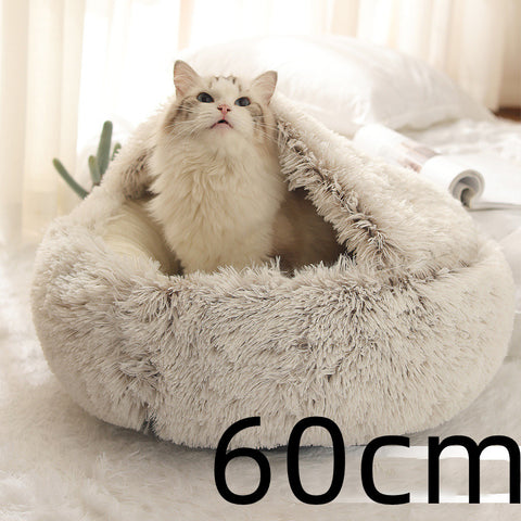 2 In 1 Dog And Cat  Round Plush Warm Bed House Soft Long Plush Pets Bed Pet Products
