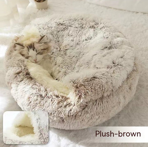 2 In 1 Dog And Cat  Round Plush Warm Bed House Soft Long Plush Pets Bed Pet Products